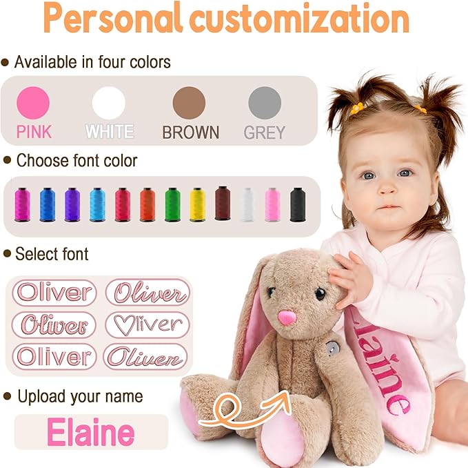Customized Plush Bunny with Embroidered Name, Handmade Birthday Gifts for Toddlers Newborns & Kids, Personalized Stuffed Animal for Girls & Boys