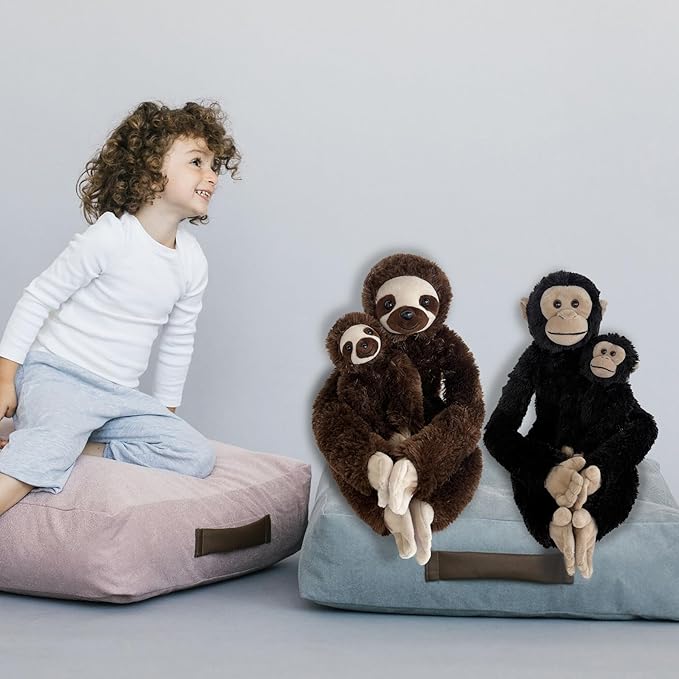 2pcs Chimpanzee Hanging Stuffed Animal Mother with Baby Hangs Plush Toys, Hooks and Stuffed Animals with Rings for Kids 4-8, Gifts for Boys and Girls（Black）