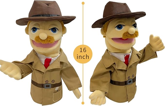 16"Puppet Entriloquist Puppet,Hand Puppets for Kids Plush Detective Puppets for Adults with Removable Mouth Puppets for Kids Ages 4-8，Hand Puppets for Adults with Scalable Puppet Control Rod