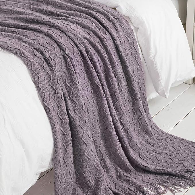 BOURINA Dark Lavender Throw Blanket 50x90 Inch Knit Soft Throw Bed Blanket | Knitted Throw Blanket 50x90 Inches, Soft Lightweight Boho Weave Throw Decorative Couch Blanket for Living Room Bed Runner