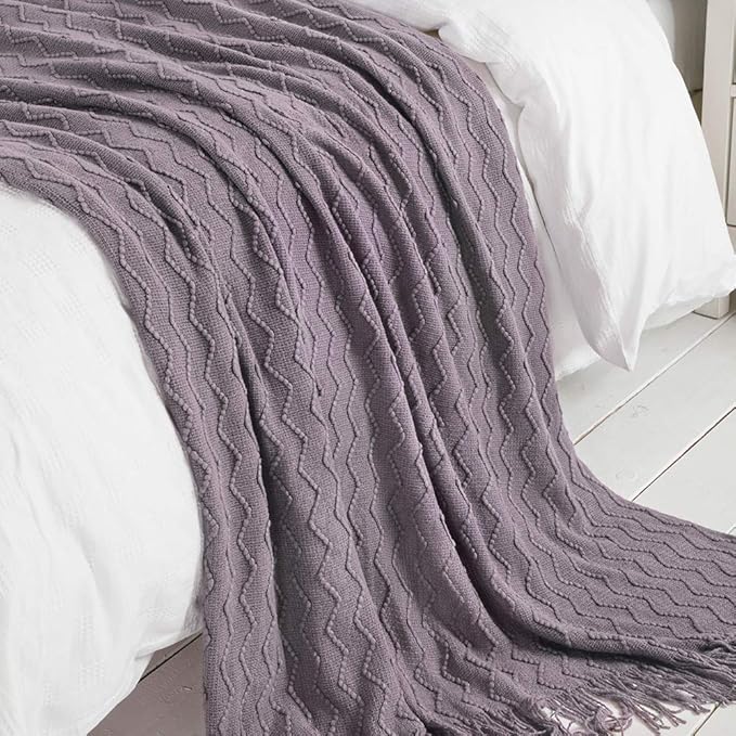 BOURINA Dark Lavender Throw Blanket 60x80 Inch Knit Soft Throw Sofa Blanket | Knitted Throw Blanket 60x80 Inches, Soft Lightweight Boho Weave Throw Decorative Couch Blanket for Living Room Bedroom Chair