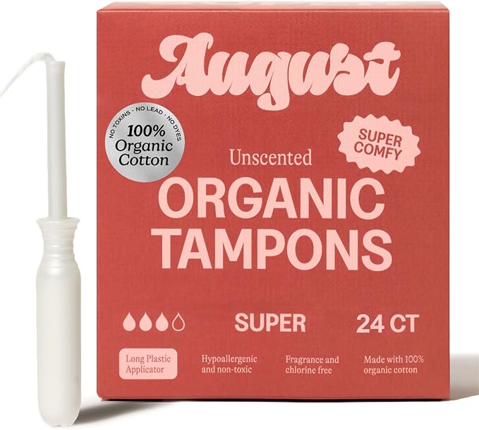 August Super Tampons - Easy-Glide Long Applicators - 24-Pack 100% Organic Cotton Tampons for Women, Non-Toxic, Fragrance-Free, and Hypoallergenic