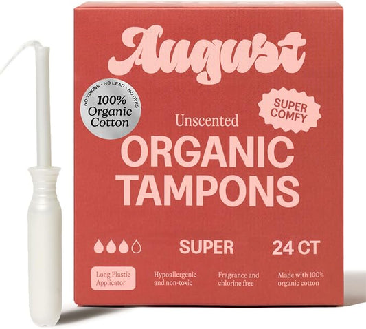 August Super Tampons - Easy-Glide Long Applicators - 24-Pack 100% Organic Cotton Tampons for Women, Non-Toxic, Fragrance-Free, and Hypoallergenic