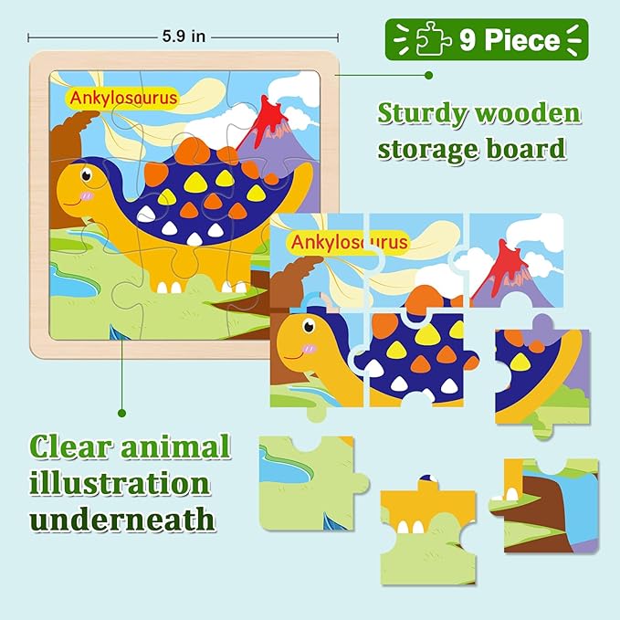 Wooden Puzzles for Toddlers, 9 Pieces Dinosaur Jigsaw Puzzles for Kids Ages 3-5 4-6, Preschool Learning Activities, Learning & Educational Toys, Gifts for Boys, Girls Ages (8 Pack)