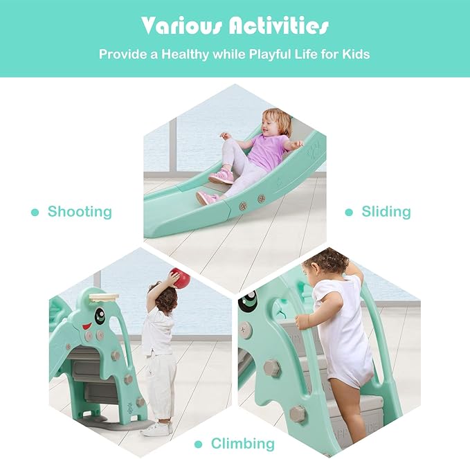 BABY JOY Toddler Slide, Kids Large Slide Play Climber Set with Long Slipping Slope, Basketball Hoop and Ball, Enclosed Steps, Easy Assemble Indoor Outdoor Backyard Freestanding Slides for Kids Age 1-8