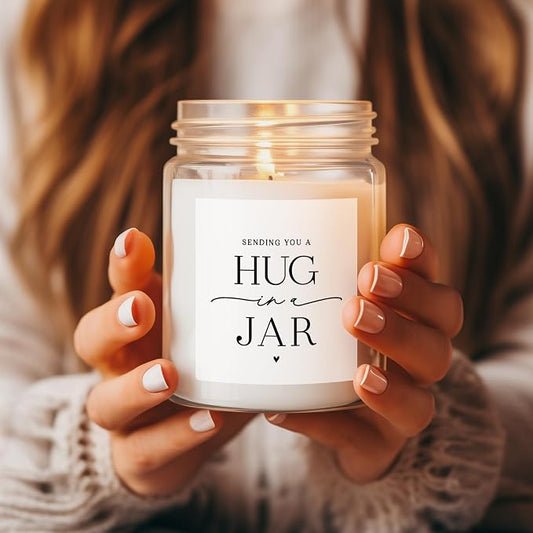 ThreeKin Warm Hug in a Jar Scented Candles for Home, Relaxing Aromatherapy Gifts for Women with Lavender Essential Oils, Natural Soy Wax Blend, Long 65-Hour Burn, Friendship Gifts, 9 Oz