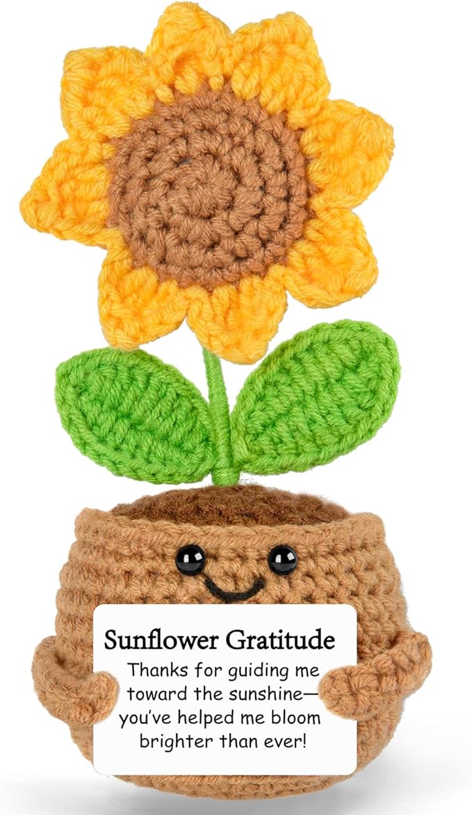 Mini Funny Crochet Sunflower Gift – Handmade Inspirational Emotional Support Plushie for Women, Men, Friends, Coworkers, Teachers – Uplifting Encouragement Gift for Birthday, Graduation, Christmas