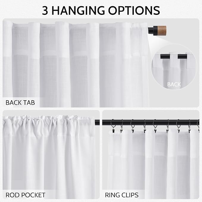 Snow White Linen 120 Inch Curtains for Living Room Light Filtering Semi Sheer Curtain Back Tab Luxury Neutral Coastal Modern Farmhouse Decor Floor to Ceiling High Window for Bedroom 52x120,2 Panels