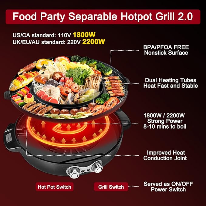 Food Party Hot Pot Electric Korean BBQ Grill Combo Hotpot Smokeless Indoor Grill 16.5" Detachable Easy Cleaning 110V 1800W Shabu Shabu Pot with Divider