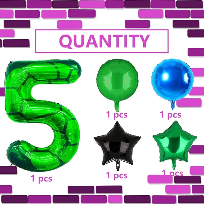 5Pcs Cartoon Turtle Theme Birthday Decorations 40 Inch Number 5 Foil Balloons Super Green Turtle Themed Hero Large Mylar 5th Number Balloon Video Game Pizza Balloons Party Favors Blue