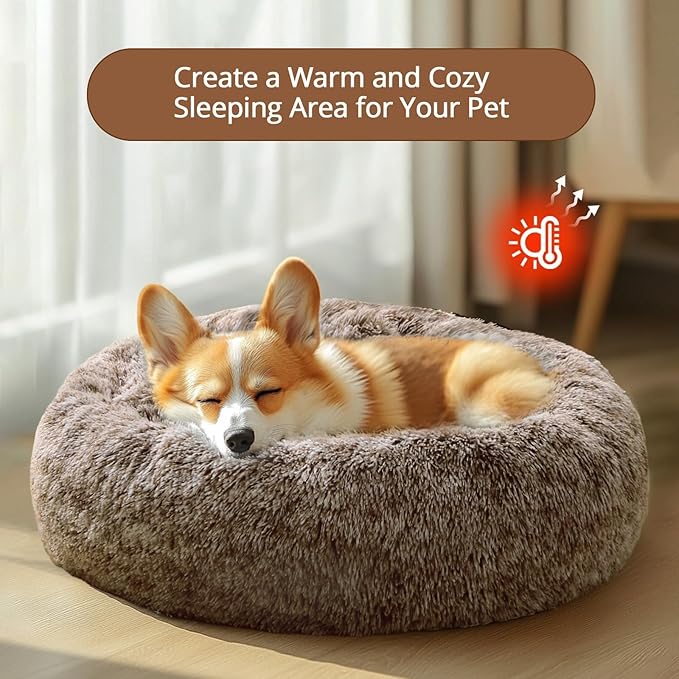 JOLLYVOGUE Calming Dog & Cat Bed for Small Dogs, Anti-Anxiety Donut Cuddler Cozy Soft Round Bed with Anti-Slip Bottom, Fluffy Faux Fur Plush Cushion Beds for Small Medium Dogs, 20"/Smoke Brown