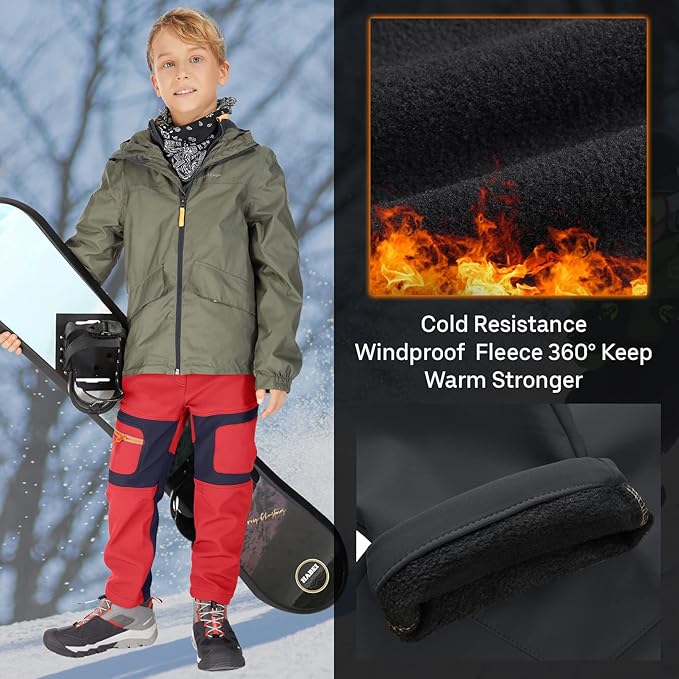 linlon Kids Boy's Snow Waterproof Pants Youth Fleece Lind Hiking Softshell Warm Insulated Trousers