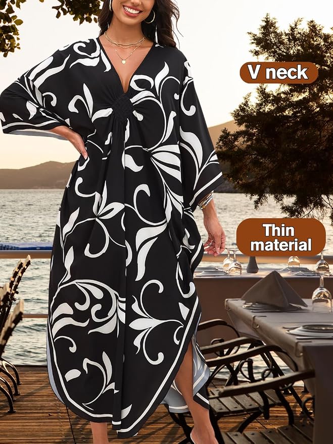 ChiaoLezhee Print Moo-Moos for Women, Kaftan Cover-Up Dresses, Sexy V-Neck High-Slit, Beach Pool-Party Coverups Muumuu Plus