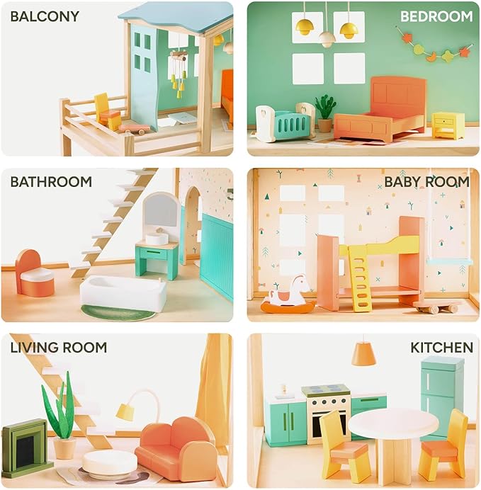 Giant bean Large Wooden Dollhouse with 32 Pcs Furniture Accessories, 3-Story Doll House 5 Rooms Balcony Wooden Stairs, Ideal Dollhouse Toy for Kids Ages 3+, 30" H x 28" L x 13" W