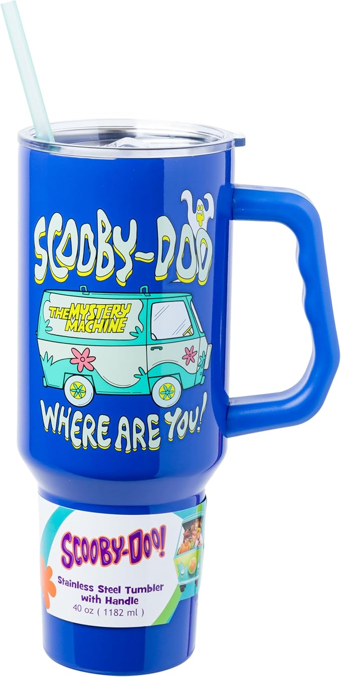 Silver Buffalo Scooby-Doo “Where Are You!” Double Walled Stainless Steel Tumbler with Handle Featuring The Mystery Machine, Fits in Standard Cup Holder, 40 Ounces