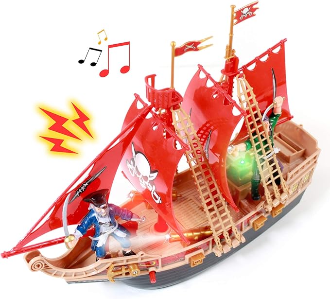 Kids Light Up Pirate Ship Adventure Toy Real Sounds, Red