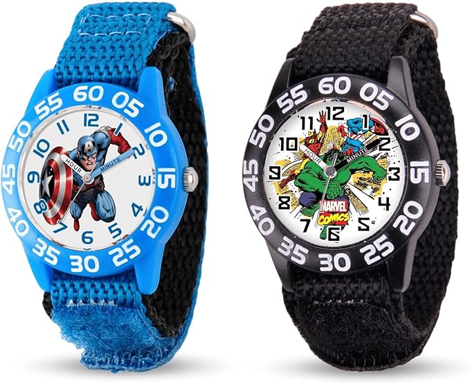 Marvel Superhero 2-Pack Watch Set for Kids Ages 4–7 – Featuring Captain America Shield and Hulk Dial Designs – Blue and Black Bezels with Matching Nylon Straps – GET 2 Mystery Bonus Watches