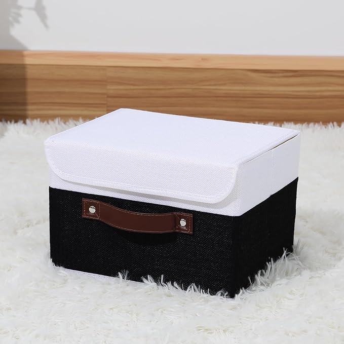 ANMINY Fabric Storage Box Bins with Lids, Black White, 10"x8"x7" | Keepsake Memory Storage, Cotton Linen, PP Board Reinforced, Washable, PU Handles, Foldable & Stackable, Decorative, Small