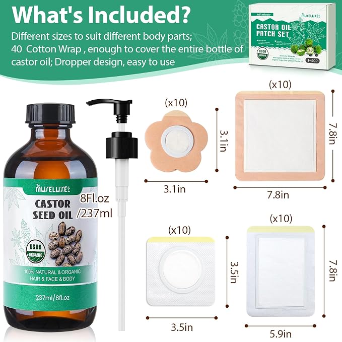 40 Pcs Castor Oil Patches with Castor Oil Organic Cold Pressed Unrefined Glass Bottle(8oz),Cotton Caster Oil Pack Wrap for Waist Back Neck Arm Belly,Self-Adhesive for Convenient Use