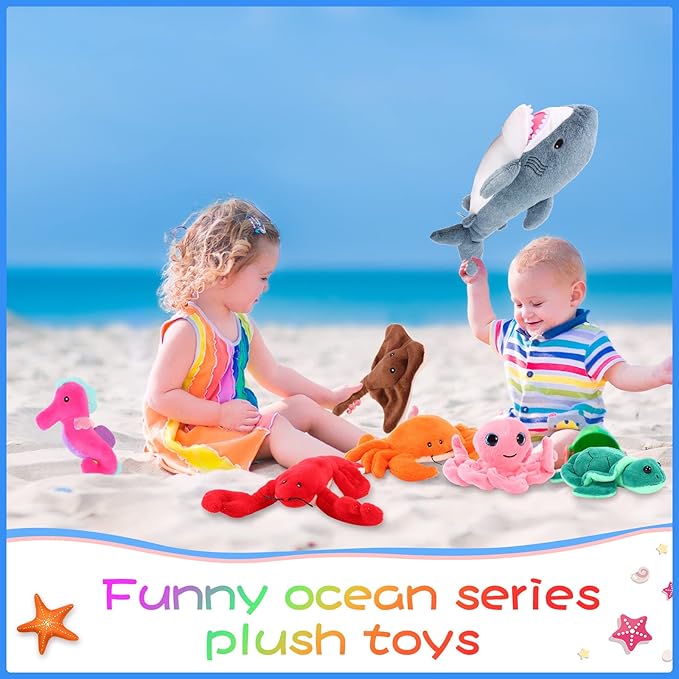 Zomiboo 18 Inch Great Shark Plush with 7 Pcs of Soft Stuffed Sea Animals Include Manta Ray, Seahorse, Crab, Clown Fish, Turtle, Octopus and Lobster, Gift for Friend