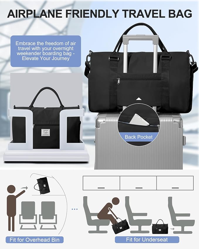 Gym Bag Womens Mens with Shoes Compartment Travel Duffel Bag for Women for Plane Sport Gym Tote Bags Swimming Yoga Weekend Overnight Carry on Bag Hospital Holdalls 4Pcs Set Black