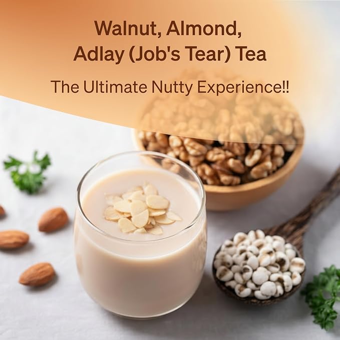 Damtuh Walnut Almond Adlay Tea Drink Mix – Korean Yulmu Cha (Job’s Tears) Roasted Grain & Nut Latte-Style Powder with Crunchy Nut Bits, Caffeine-Free, 18g x 15 Sticks