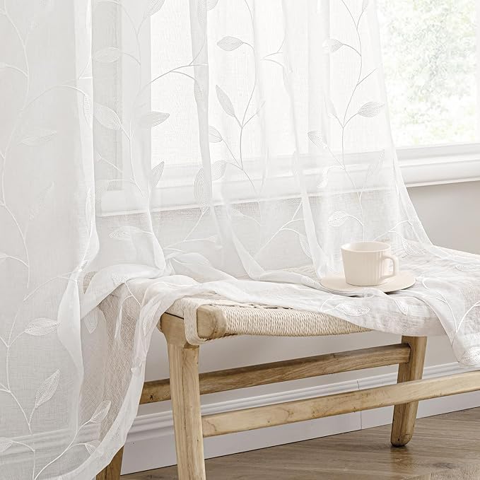 MIULEE White Sheer Curtains 2 Panels Embroidered Leaf Patterned Rod Pocket Floral Semi Sheer Faux Linen Window Curtains Drapes Set for Living Room Bedroom Dining Room, 52x96 Inches Long