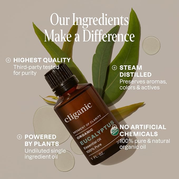 Cliganic Organic Eucalyptus Essential Oil - 100% Pure Natural for Aromatherapy Diffuser | Non-GMO Verified