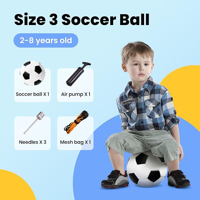 INPODAK Toddler Soccer Ball Size 3 Black and White Classic Balls for Kids 2-8 with Pump, Mesh Bag and Gift Box for Birthdays, Christmas, and Parties