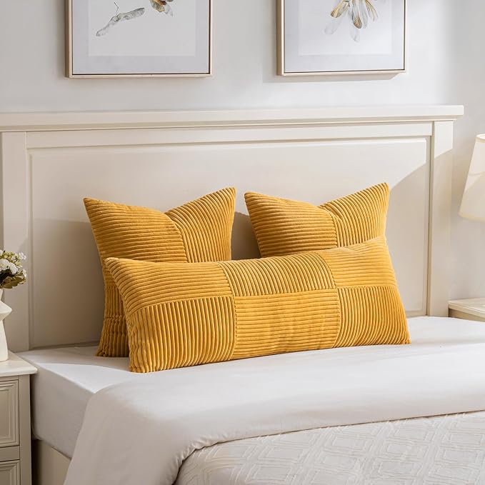 Fancy Homi Set of 2 Gold Yellow Boho Long Lumbar Body Decorative Throw Pillow Cover 14x36 Inch for Bed Couch Bedroom Bench, Soft Patchwork Corduroy Textured Pillow Case, Rustic Farmhouse Room Décor