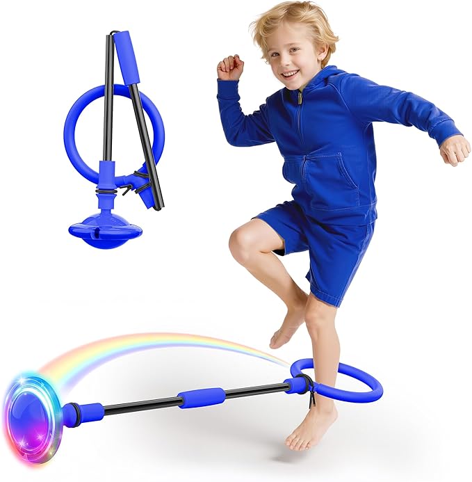 Ankle Skip Ball for Kids, Foldable Colorful Light Flash Wheel Skip Ball for Adults, Indoor Outdoor Game Toys for Kids Girls Boys, Gift for Girls, Boys Ages 5 6 7 8 9 10 11 12 Years Old- Blue