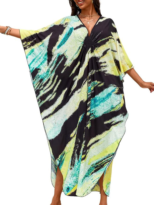 ChiaoLezhee Print Moo-Moos for Women, Kaftan Cover-Up Dresses, Sexy V-Neck High-Slit, Beach Pool-Party Coverups Muumuu Plus