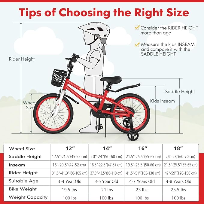 COSTWAY Kids Bike, 12 14 16 18 Inch Toddler Bike for Boys & Girls Aged 3-8 Years Old, Kids Bicycle w/Removable Training Wheels, Handbrake & Coaster Brake, Basket, Bell