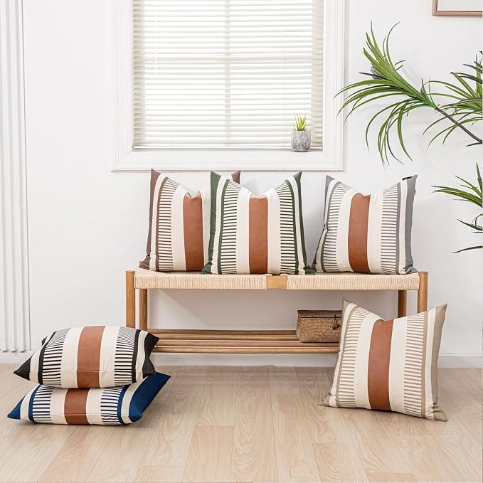 2 Pack 18x18 Inch Pillow Covers - Brown Faux Leather & Gray Stripe Print Soft Cotton Splicing, Same Pattern Both Sides | for Sofa Couch Bed Living Room, Farmhouse Industrial Minimalist Decor