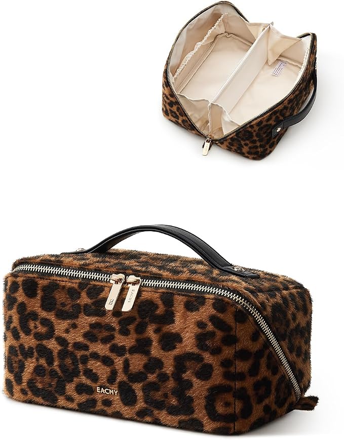 EACHY Travel Makeup Bag, Large Capacity Cosmetic Bag for Women, Waterproof PU Leather, Flat Open Portable Toiletry Bag for Skincare, Brushes & Travel Essentials