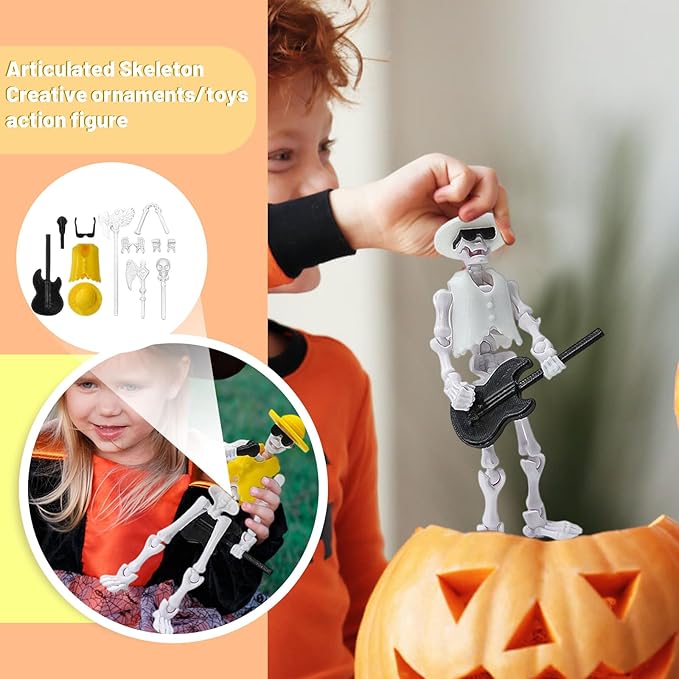 Articulated Skeleton Action Figure with Guitar, Halloween Decorative Toy, 5.35 Inch (Yellow)
