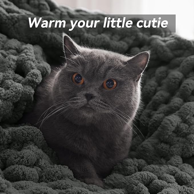 Negwoo Chunky Knit Throw Blanket, Knitted Throw Chenille Yarn, 80"*90" | Soft Thick Cable Knitted Blankets, Handmade Big Thick Blanket, Machine Washable Cute Comfy Blanket for Home Decor, Dark grey