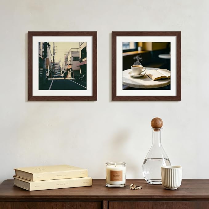 upsimples 10x10 Picture Frame, Display Pictures 8x8 with Mat or 10 x 10 Without, Wall Hanging Square Frames, Brown, 1 Pack