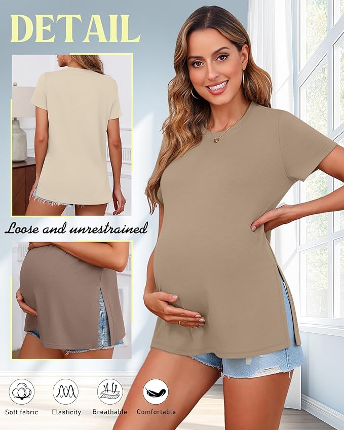 Ficerd 3 Pack Women's Maternity T Shirts, Short Sleeve Side Split Pregnancy Tops Casual Crew Neck Pregnant Tees Mama Clothes
