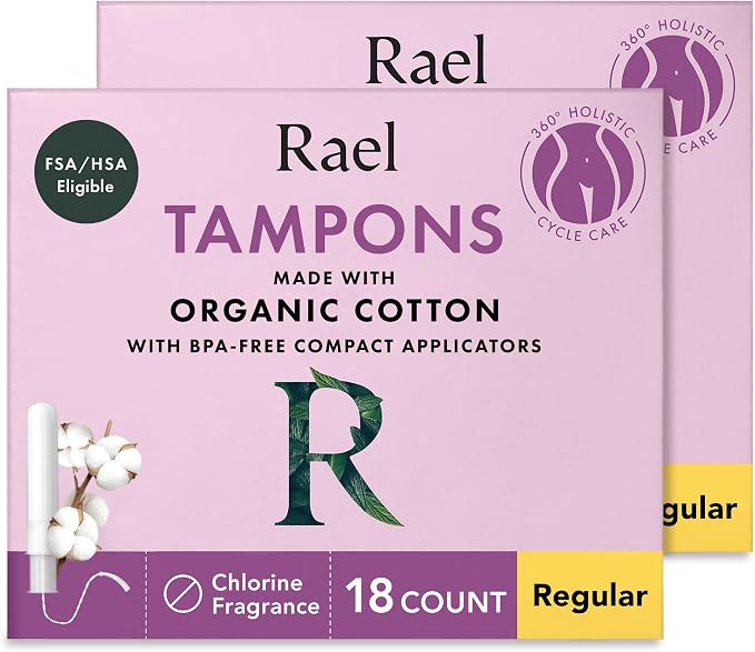 Rael Tampons, Compact Applicator - Made with Organic Cotton, Moderate Absorbency, BPA-Free, Chlorine Free, Leak Locker Technology (36 Count, Regular)