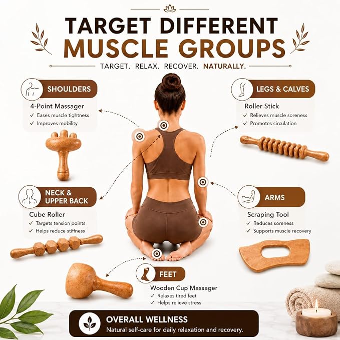7-in-1 Wood Therapy Massage Tools Set, Wood Therapy Kit for Lymphatic Drainage, Maderoterapia Wooden Massager, Anti Cellulite Body Sculpting Roller, Body Contouring Tool for Waist, Legs & Back