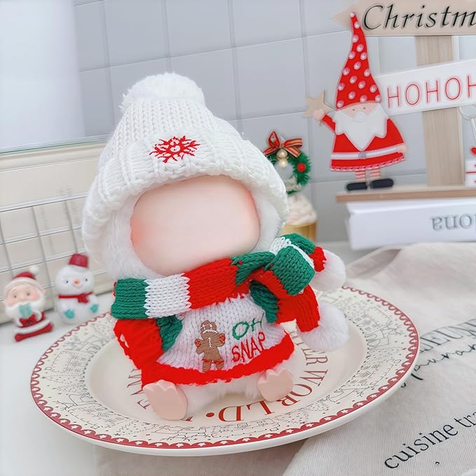Christmas Hat Clothes for Dolls Accessories, Stylish Kawaii Festive Christmas Sweater Scarf Outfit Set 3 Pieces Suitable for 15cm 17cm Doll , Xmas Doll Clothing Set Replacement