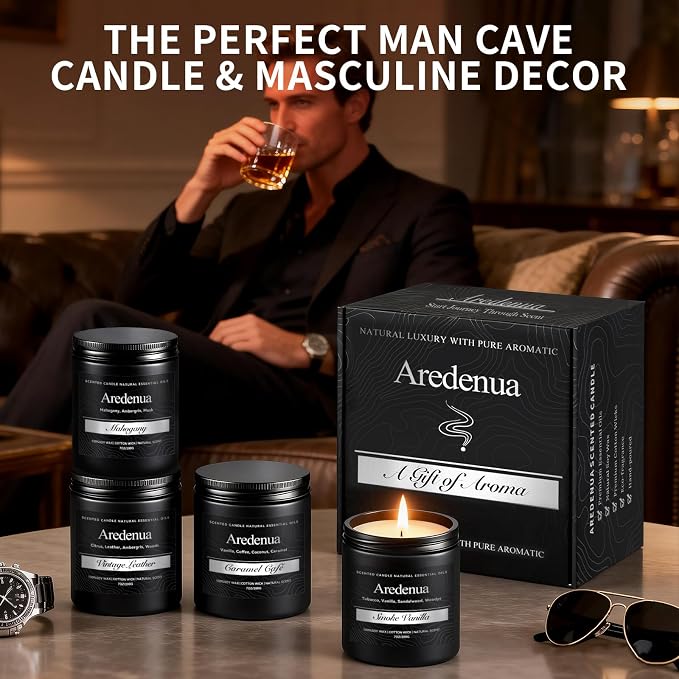 Men’s Candle Set for Men, 4 Pack Masculine Scented Candles – Vintage Leather, Smoke & Vanilla, Mahogany, Caramel Coffee – Soy Candles for Home, Gentlemen Candle Aromatherapy Gift for Him