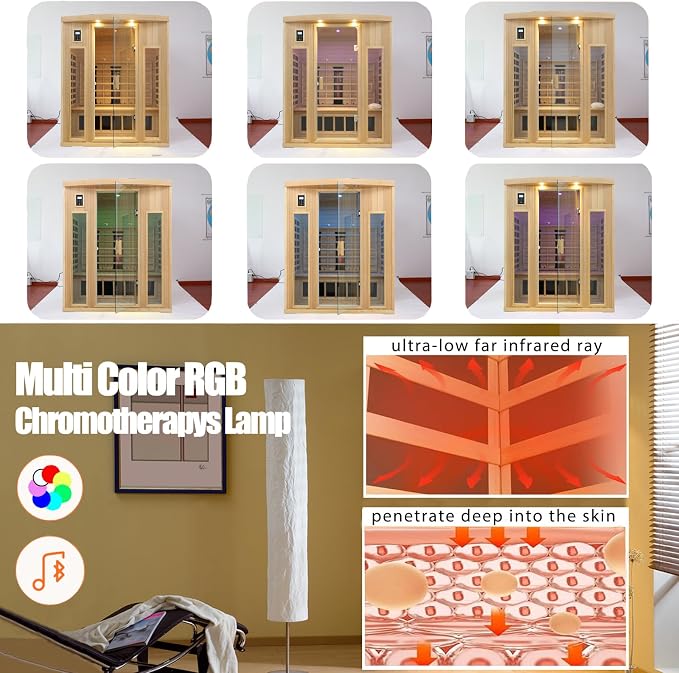Ceramic Infrared Sauna 3 Person, Low EMF Infrared Saunas for Home, Hemlock Indoor Sauna Room, 2- in - 1 Heating Panels, Bluetooth Speakers, Chromotherapy Lights
