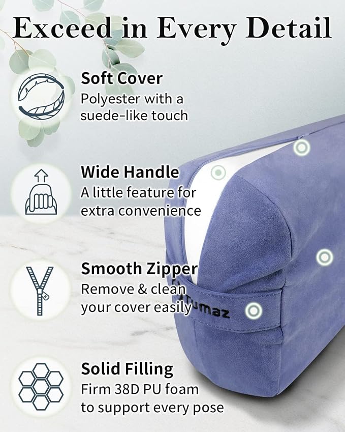 Tumaz Yoga Bolster Set - Rectangular Bolster Pillow for Restorative Yoga, Soft Meditation Pillow with Carry Handle and 8-Feet Strap, Machine Washable Cover