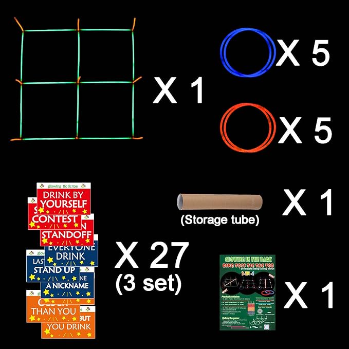 18.2Inch 3-in-1 Glowing Ring Toss Tic Tac Toe Outdoor Game for Adults and Family, Camping Games, 5 Blue Rings & 5 Red Rings