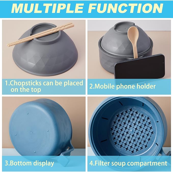 8 Sets Microwave Ramen Bowl Bulk 40 oz Wheat Straw Instant Ramen Cooker Set Portable Noodle Cooker with Handle Spoon Chopsticks Fork for College Dorm Room Gift (Nature Tones)