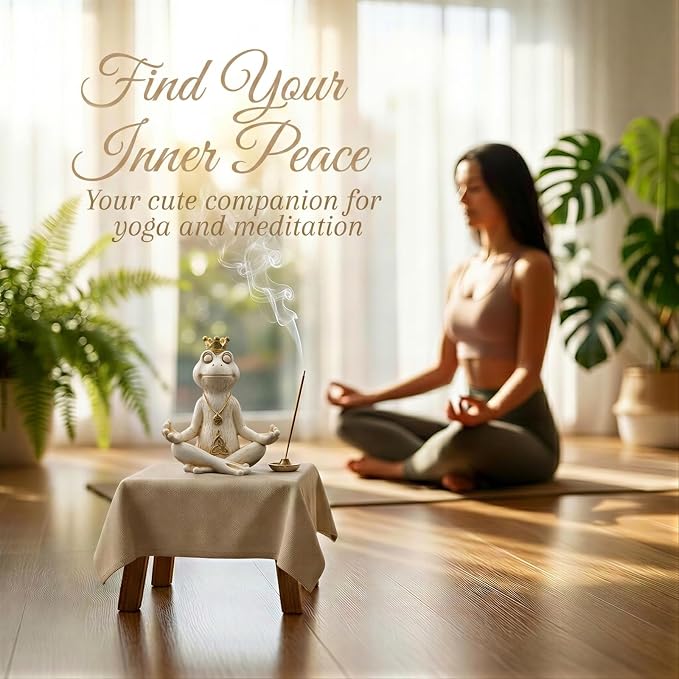 Meditating Zen Frog Statue Decor with Bonus Om Necklace - 5.8" Hand-Painted Resin Figurine - Yoga Room, Office Desk & Shelf Ornaments - Mindful Spiritual Gift for Women & Yoga Lovers (White)