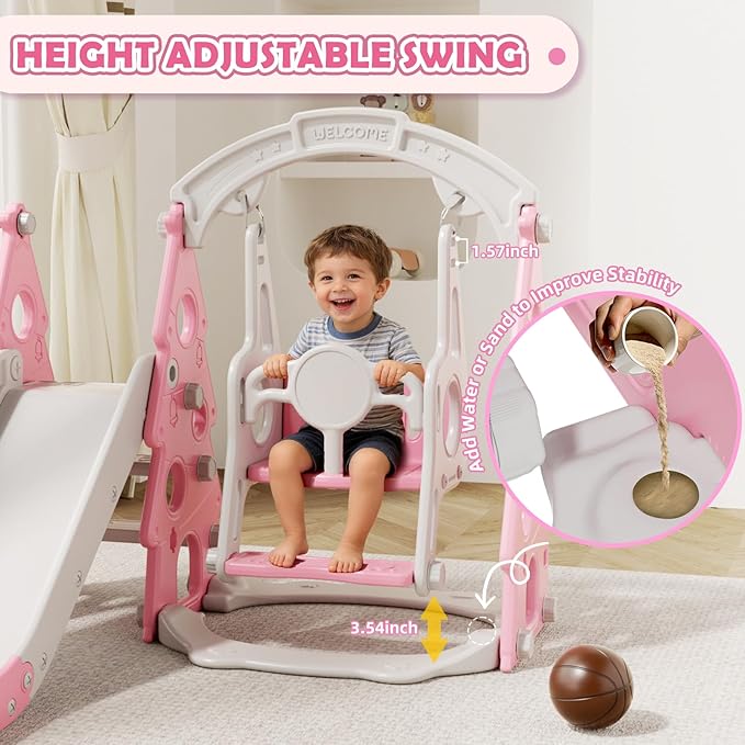 KORIMEFA 4-in-1 Kids Slide and Swing Set, Toddler Slide with Basketball Hoop, Swing, Outdoor Indoor Playground for Toddlers 1-3 Pine Shape Design(4 in1-Pink)