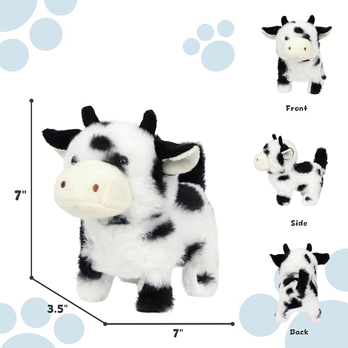 Easfan Walking Black Cow Interactive Electronic Pet Plush Toy with Sounds and Movements Moving Educational Plush Toy Easter Birthday Gifts for Kids Girls, 7'',Black